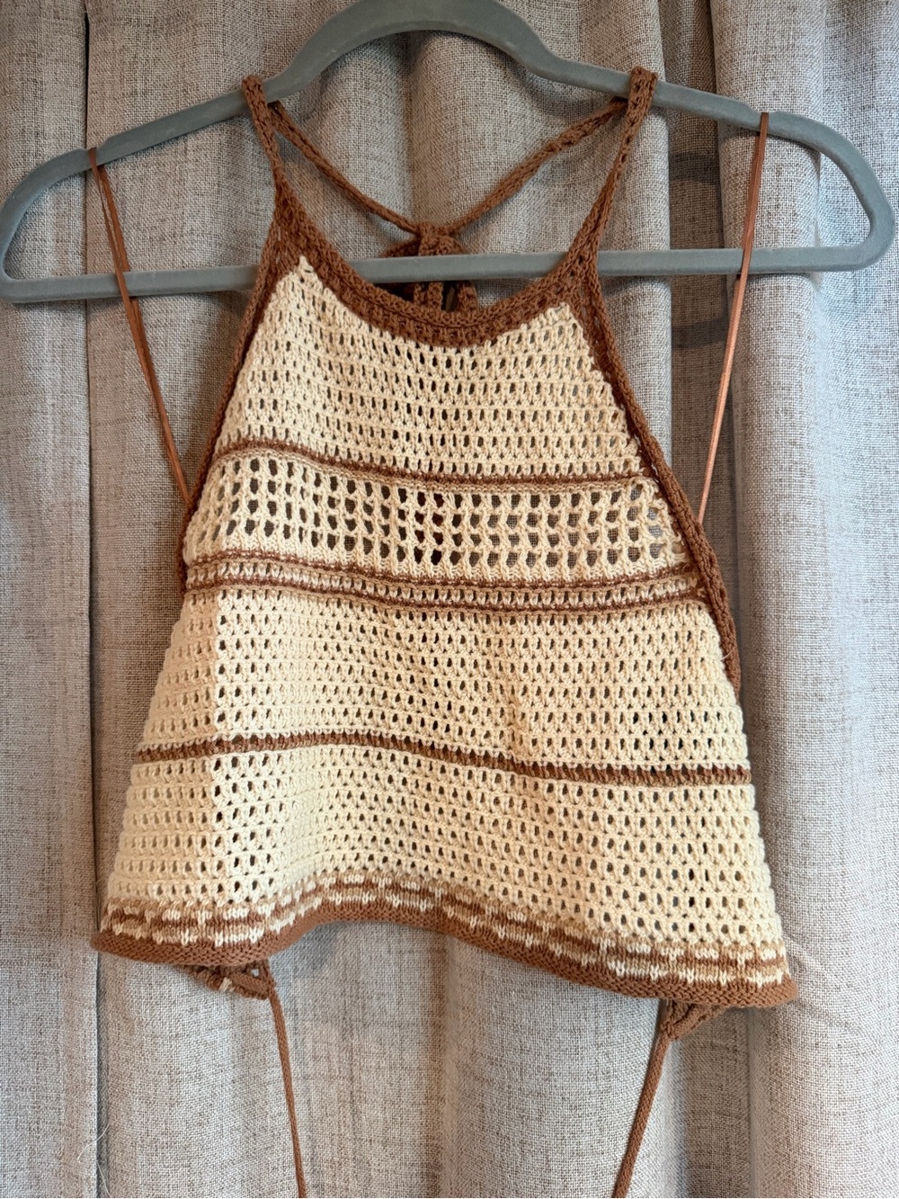 12th Tribe Cream and Brown Crochet Halter Camisole